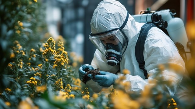 A worker dressed in protective clothing inspects soil and plants in a greenhouse filled with flowers, focusing on pest control. The setting is bright and early in the day.